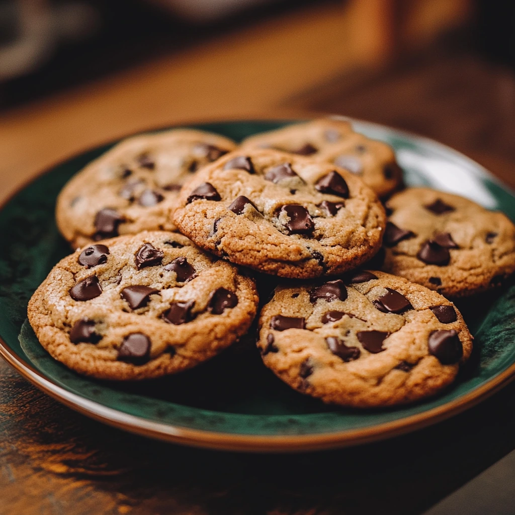 Stack of classic American cookies with chocolate chips on a cooling rack beside a glass of milk