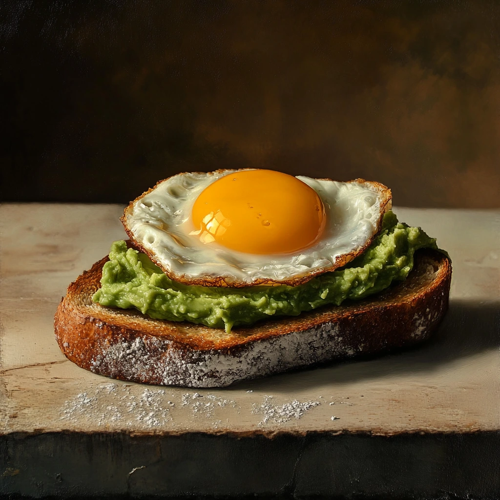Toasted bread topped with creamy mashed avocado and a perfectly cooked sunny-side-up egg, garnished with chili flakes and fresh herbs.