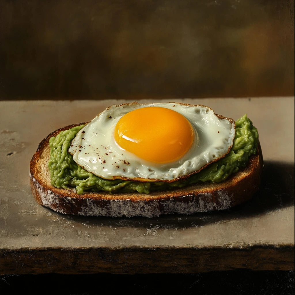 Close-up of avocado toast topped with a poached egg, runny yolk spilling over creamy avocado on rustic whole-grain bread.