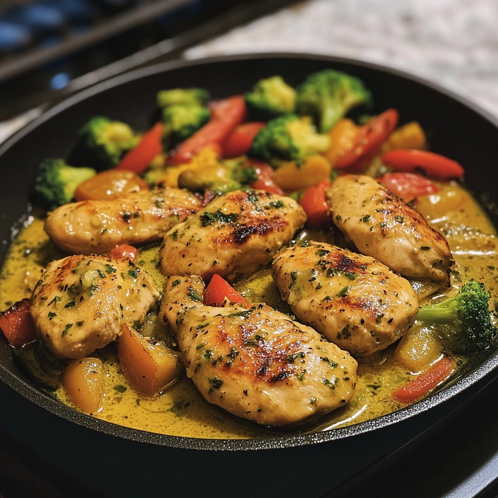 Golden garlic butter chicken thighs surrounded by sautéed green beans, bell peppers, and zucchini, all glistening in a cast iron skillet.