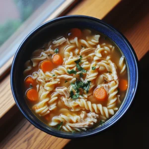 Close-up of homemade chicken noodle soup with golden broth, shredded chicken, wide noodles, and diced vegetables in a white ceramic bowl.