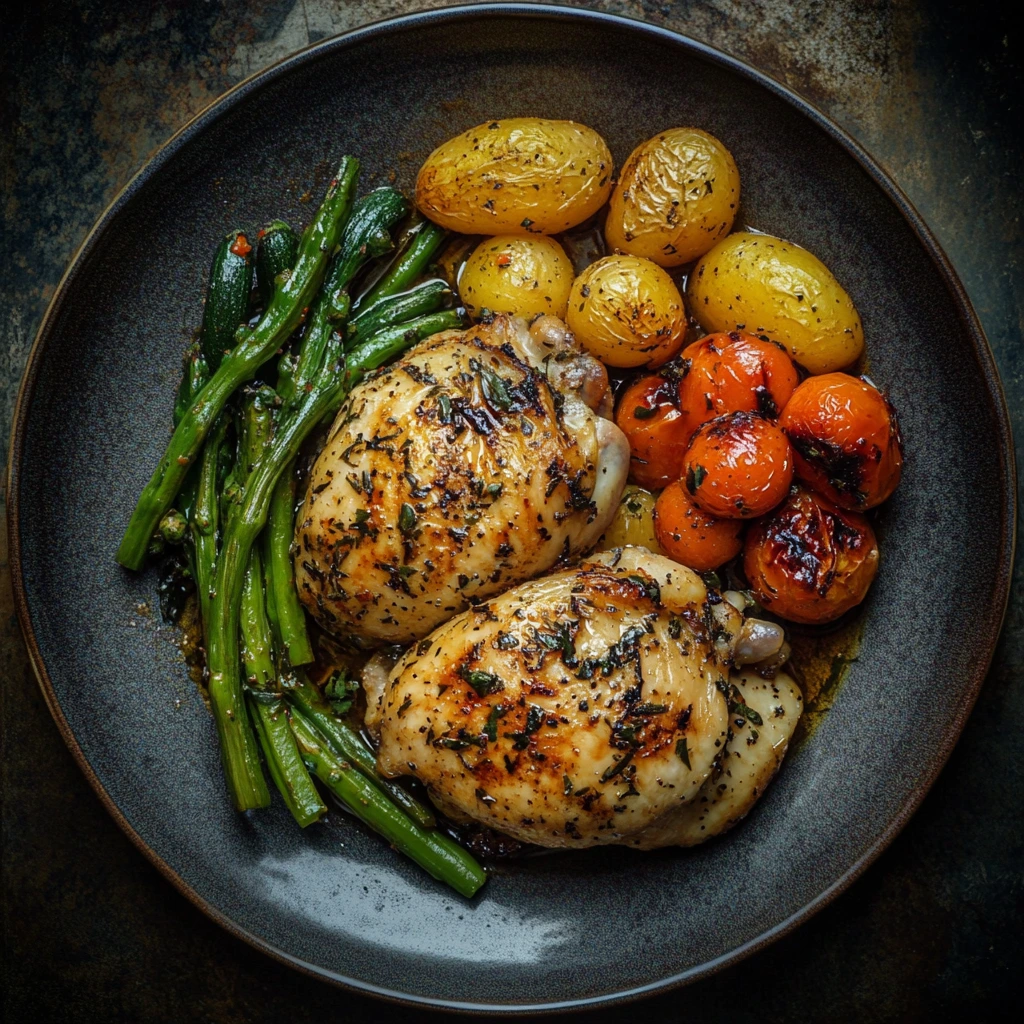 A colorful sheet pan filled with roasted chicken breasts, carrots, bell peppers, broccoli, and red onions, all seasoned and cooked to golden perfection.