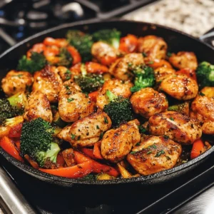 Crispy chicken thighs glazed with garlic butter, served alongside roasted broccoli, zucchini, and red bell peppers on a rustic white plate.