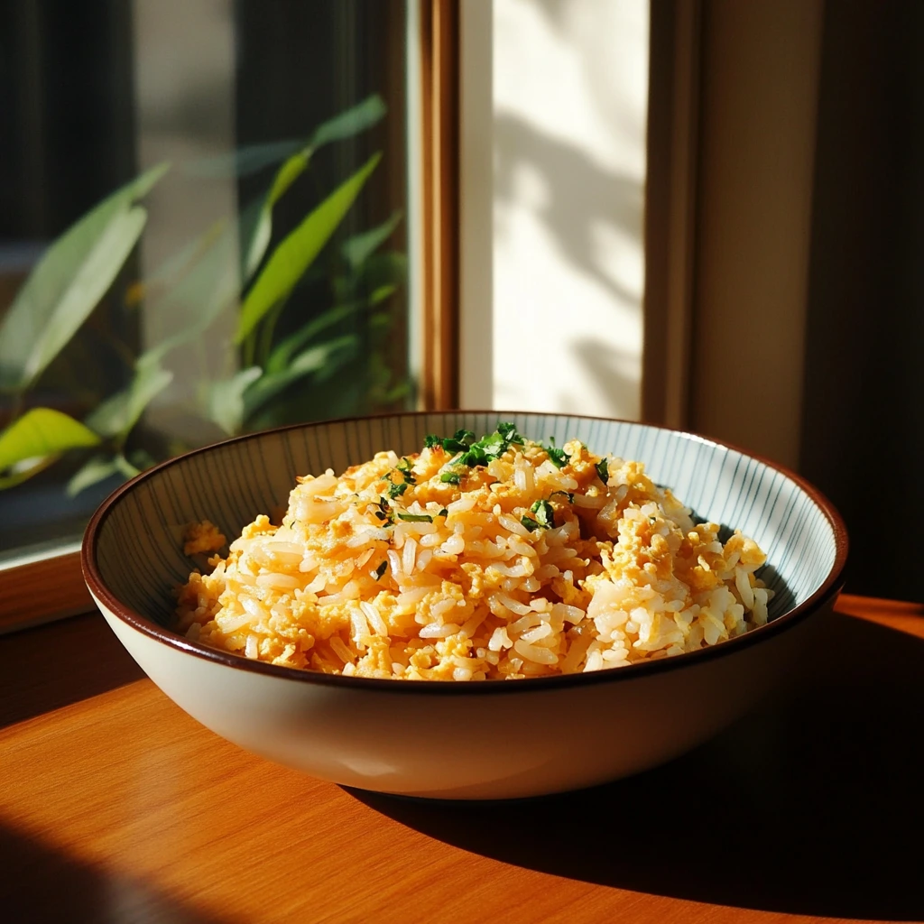 Close-up of egg fried rice in a skillet, showing fluffy rice grains, scrambled egg, diced carrots, green peas, and spring onions.