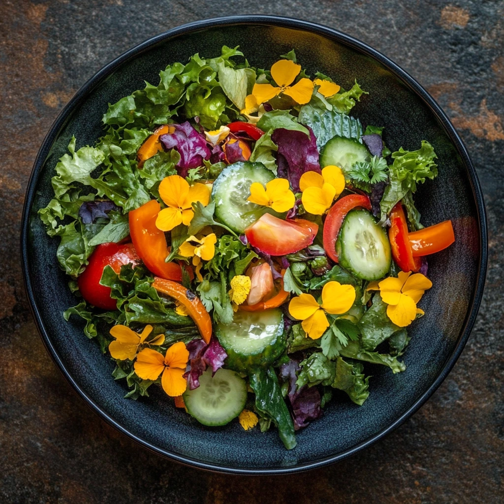 A fresh good salad featuring romaine lettuce, sliced cucumbers, grape tomatoes, shredded carrots, and croutons with a drizzle of ranch dressing.
