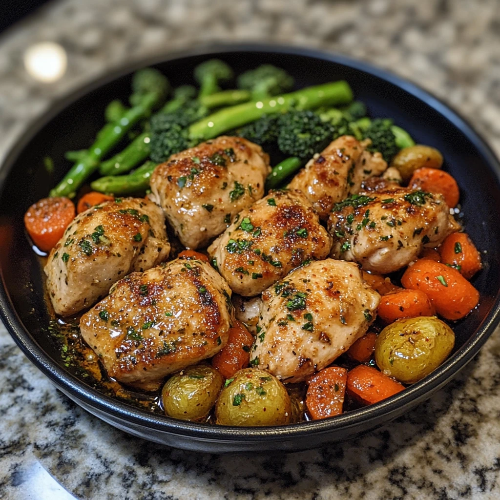 Juicy garlic butter chicken breasts served on a bed of roasted low-carb vegetables, garnished with fresh herbs in a cast iron pan.