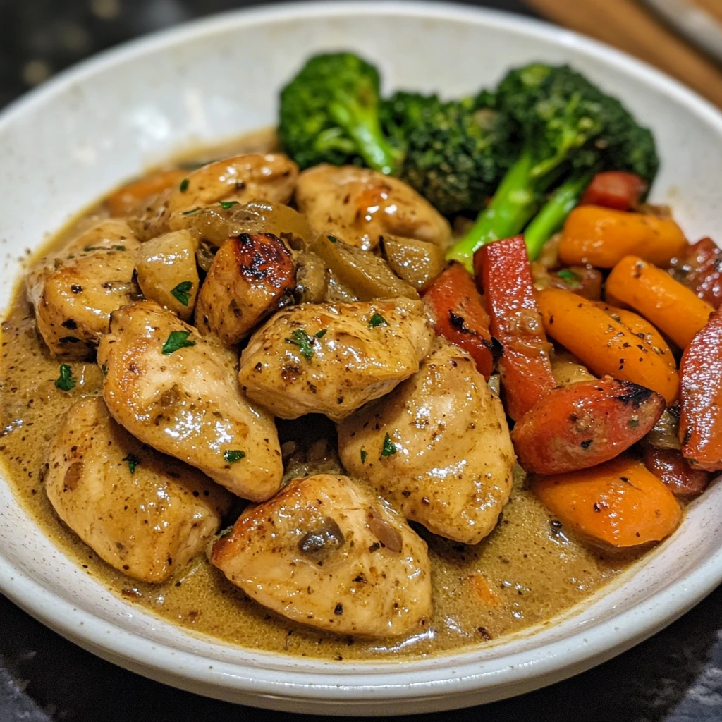 A skillet filled with golden seared chicken thighs topped with garlic butter sauce, surrounded by sautéed zucchini, broccoli, and bell peppers.