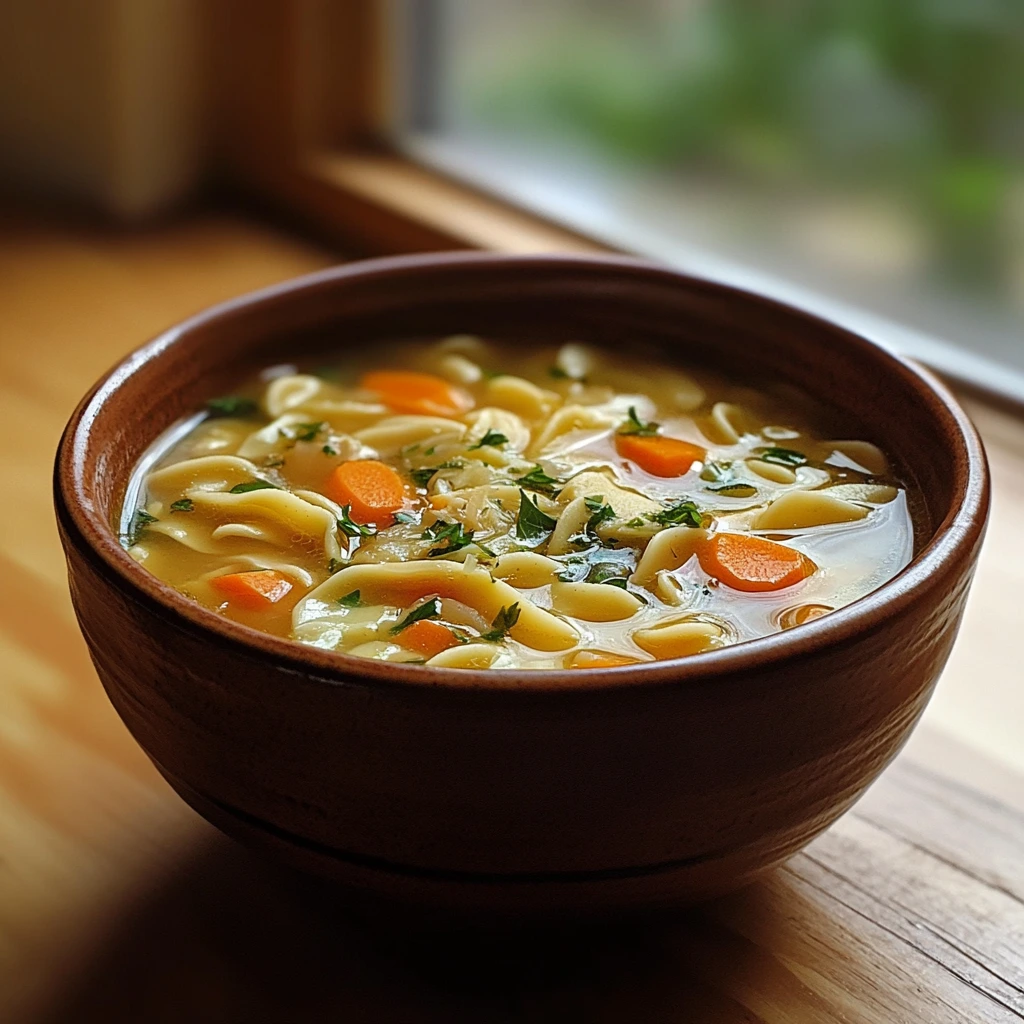 A steaming bowl of chicken noodle soup filled with tender chicken, egg noodles, carrots, and celery, garnished with fresh parsley.