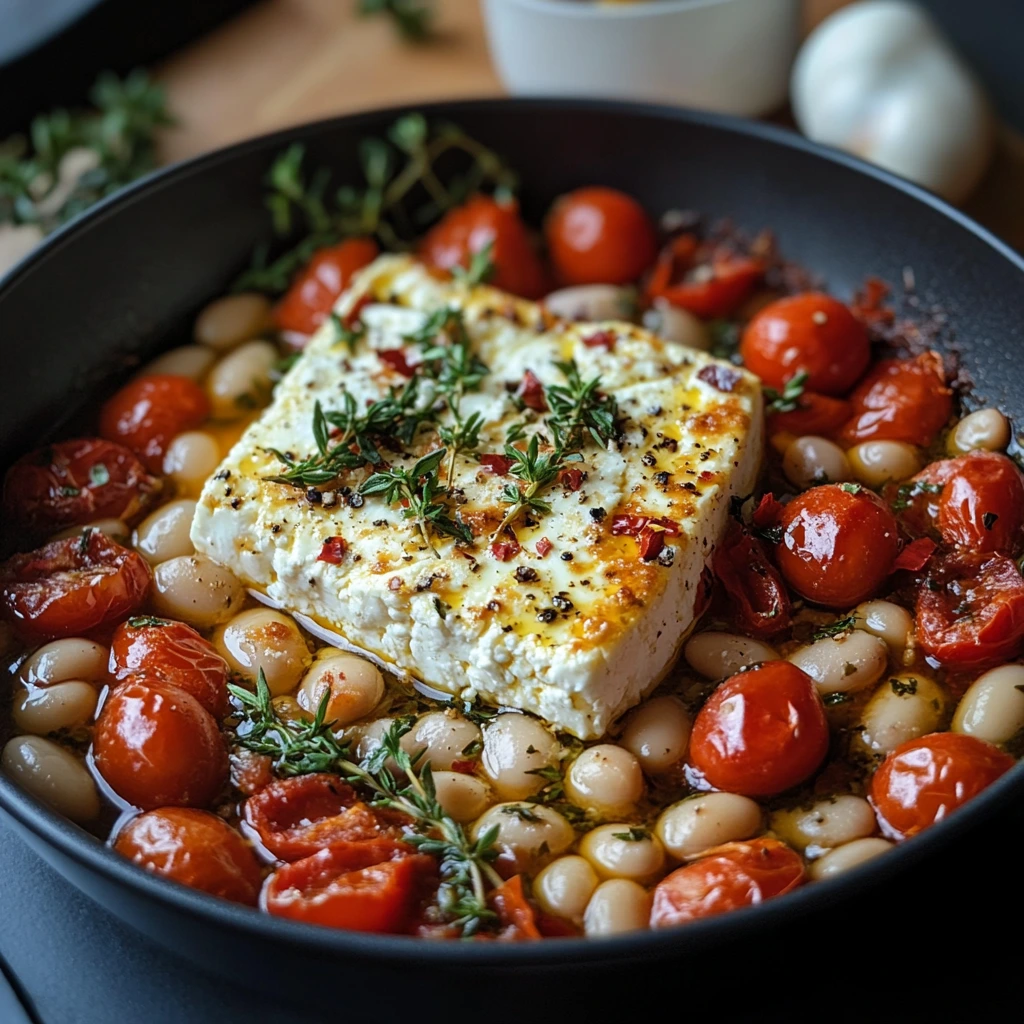 Golden baked feta surrounded by blistered cherry tomatoes and tender butter beans, garnished with oregano and served in a rustic oven-safe pan.