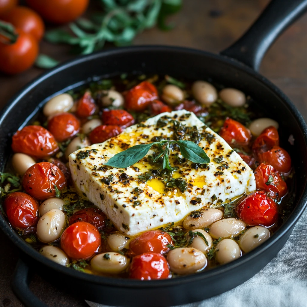 A rustic baking dish filled with roasted cherry tomatoes, creamy butter beans, and a block of golden-baked feta cheese, sprinkled with fresh oregano and drizzled with olive oil.