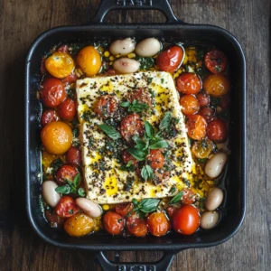 A sizzling pan of creamy feta cheese nestled among roasted cherry tomatoes, plump butter beans, and scattered oregano leaves, straight from the oven.