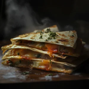 Golden brown beef quesadillas on a cutting board, oozing with melted cheese and seasoned ground beef, served with sour cream and salsa.