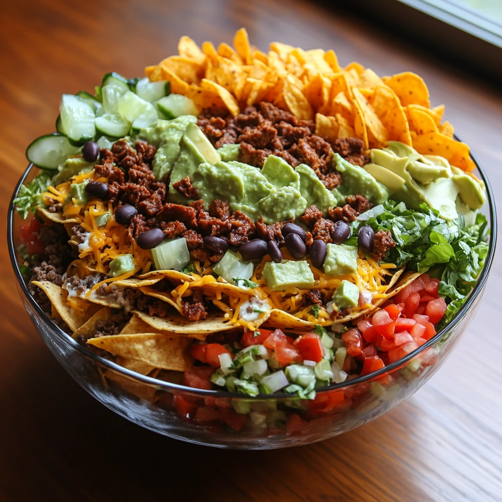 A vibrant taco salad served in a bowl with seasoned ground beef, shredded lettuce, cherry tomatoes, cheese, sour cream, avocado slices, and tortilla chips.