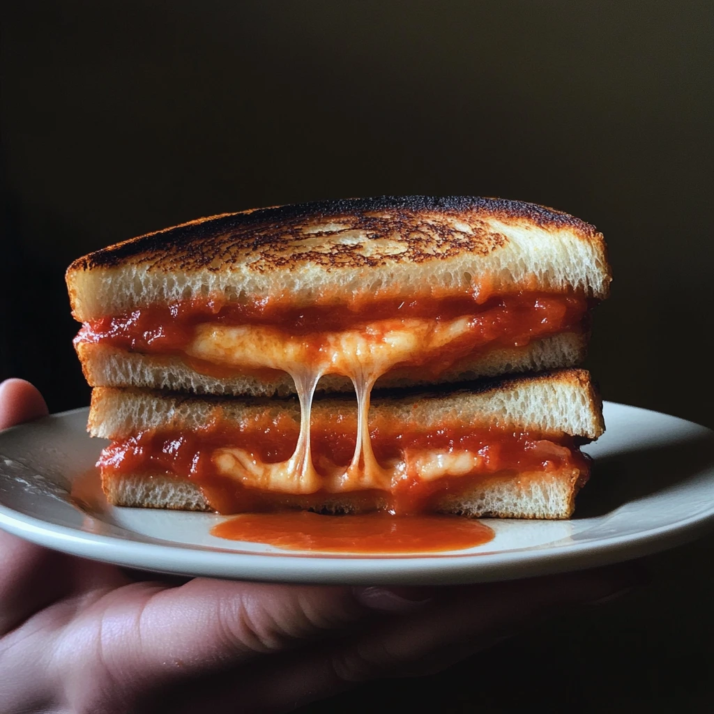 Rustic wooden table with a bowl of rich tomato soup beside a crisp, golden grilled cheese sandwich oozing with melted cheese.