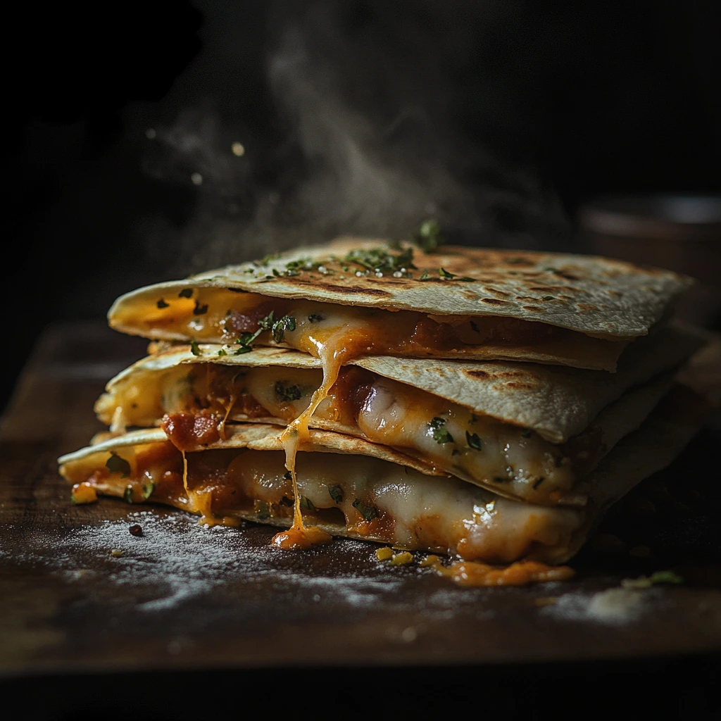 Stack of veggie quesadillas with golden tortillas, melted cheese, black beans, corn, and colorful bell peppers, served with lime wedges and cilantro garnish.