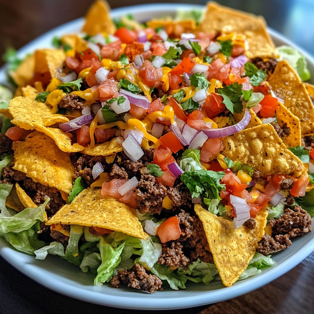 Taco salad on a white plate with seasoned beef, shredded lettuce, diced tomatoes, cheddar cheese, jalapeños, sour cream, and crushed tortilla chips.