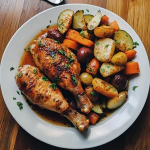 Sheet pan filled with juicy baked chicken thighs, golden potatoes, and colorful vegetables like bell peppers and broccoli, roasted to perfection.