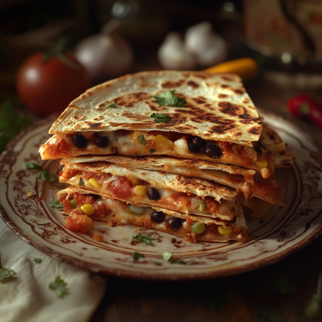 Golden, crispy quesadillas sliced into triangles and stacked on a wooden board, with melted cheese oozing out and sides of salsa, sour cream, and guacamole.