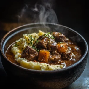 A hearty bowl of classic beef stew with chunks of beef, carrots, and potatoes, served beside creamy garlic mashed potatoes and sprinkled with fresh herbs.