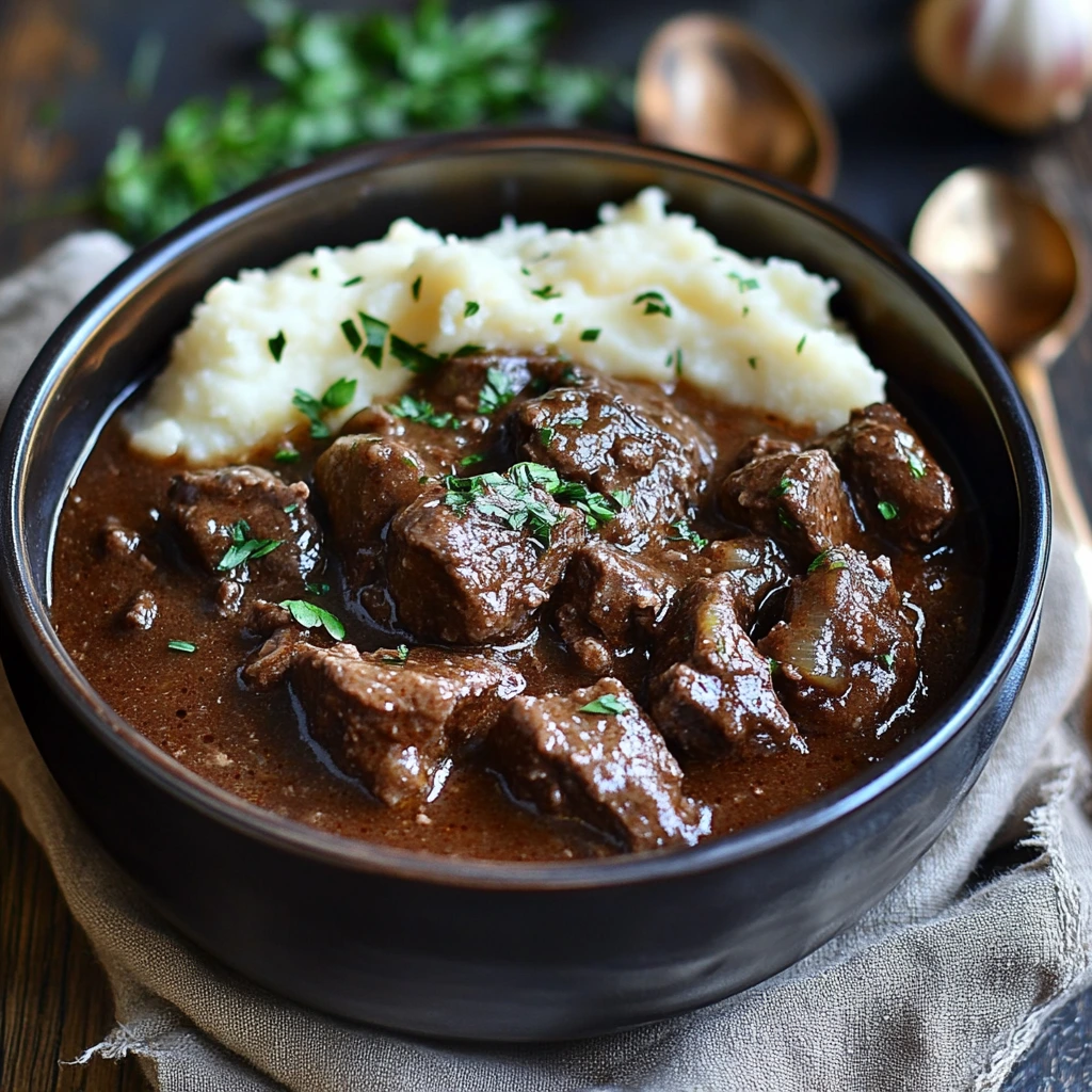 Winter Comfort Food , Close-up of a steaming bowl filled with beef stew and fluffy garlic mashed potatoes, topped with chopped herbs for garnish.