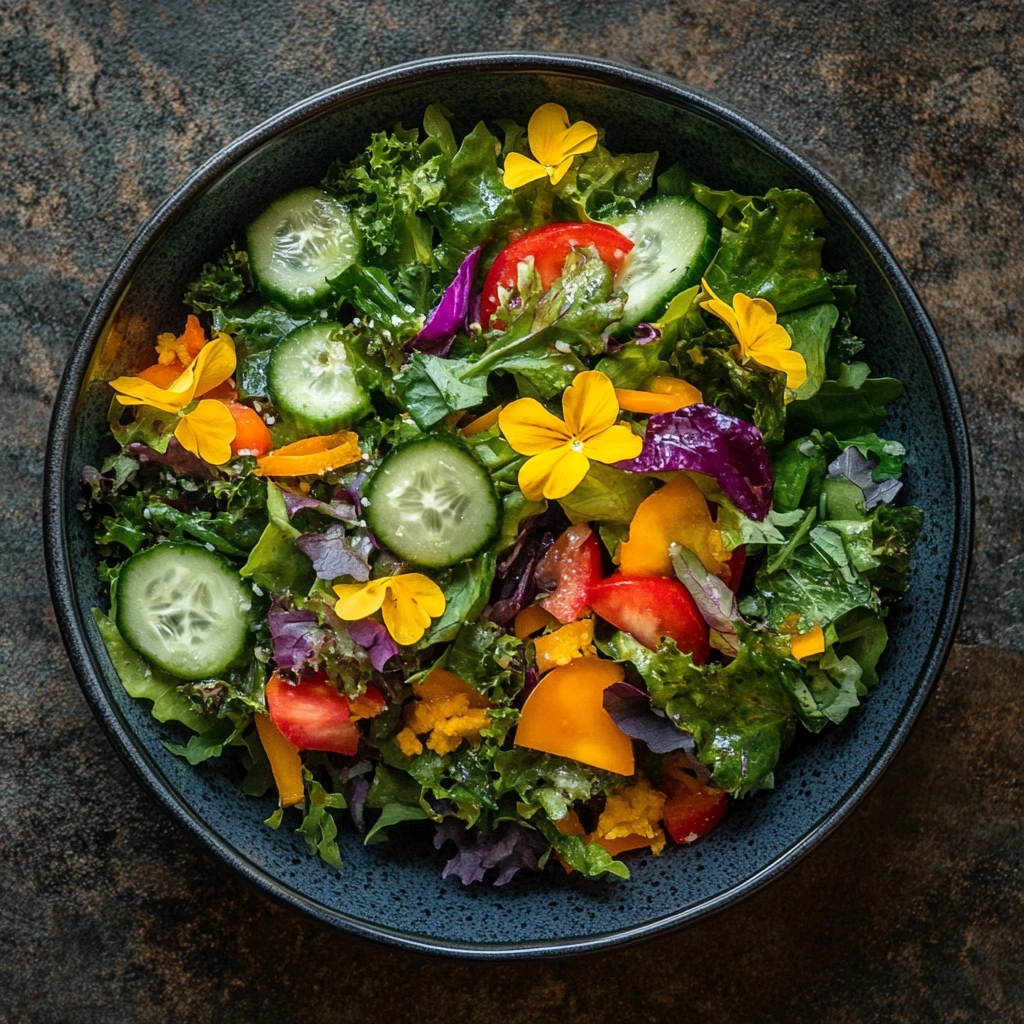 A colorful fresh salad in a bowl featuring mixed greens, cherry tomatoes, cucumbers, red onions, avocado, and a light vinaigrette.