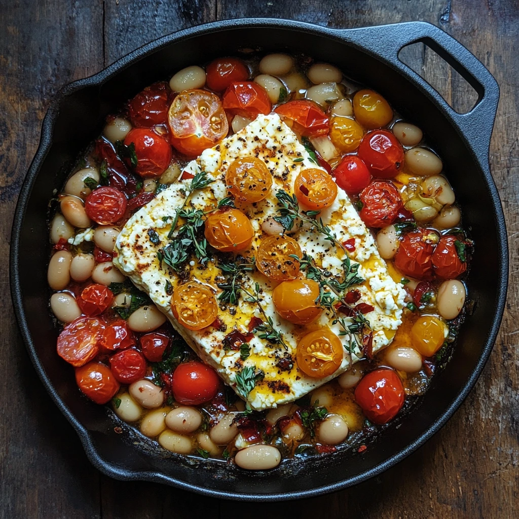 Oven-baked dish with creamy feta cheese in the center, surrounded by juicy roasted tomatoes and soft butter beans, topped with sprigs of fresh oregano and a drizzle of olive oil.
