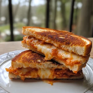 Overhead shot of a creamy tomato soup topped with fresh basil, served next to a golden, diagonally-cut grilled cheese sandwich on a white plate.