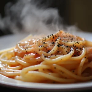 A vibrant plate of pesto pasta spirals tossed with cherry tomatoes, shaved parmesan, and fresh basil leaves, served on a rustic wooden table with a lemon wedge on the side.