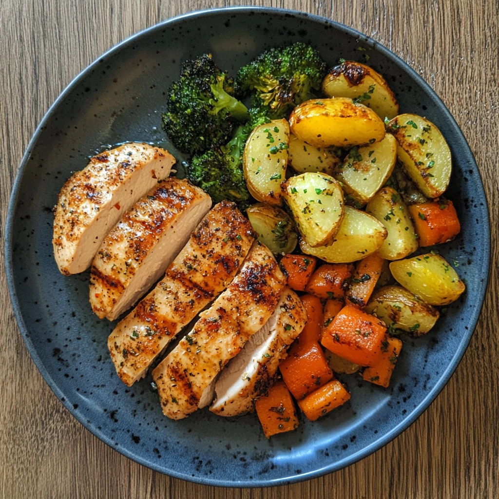 Golden roasted chicken thighs surrounded by a medley of colorful vegetables like bell peppers, broccoli, and zucchini on a parchment-lined sheet pan.
Sheet Pan Chicken and Veggies