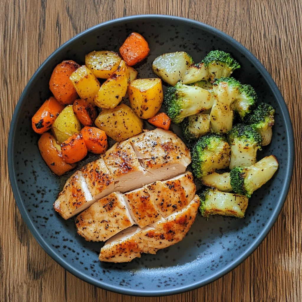 A rustic sheet pan meal featuring herb-seasoned chicken breasts baked with roasted carrots, red onions, and zucchini, garnished with fresh parsley.