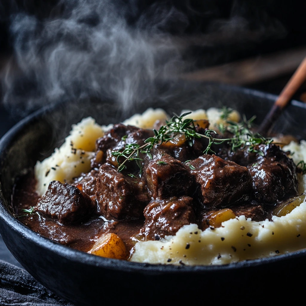 Hearty chunks of beef stew with carrots and peas served beside creamy garlic mashed potatoes, garnished with fresh parsley in a rustic bowl.
