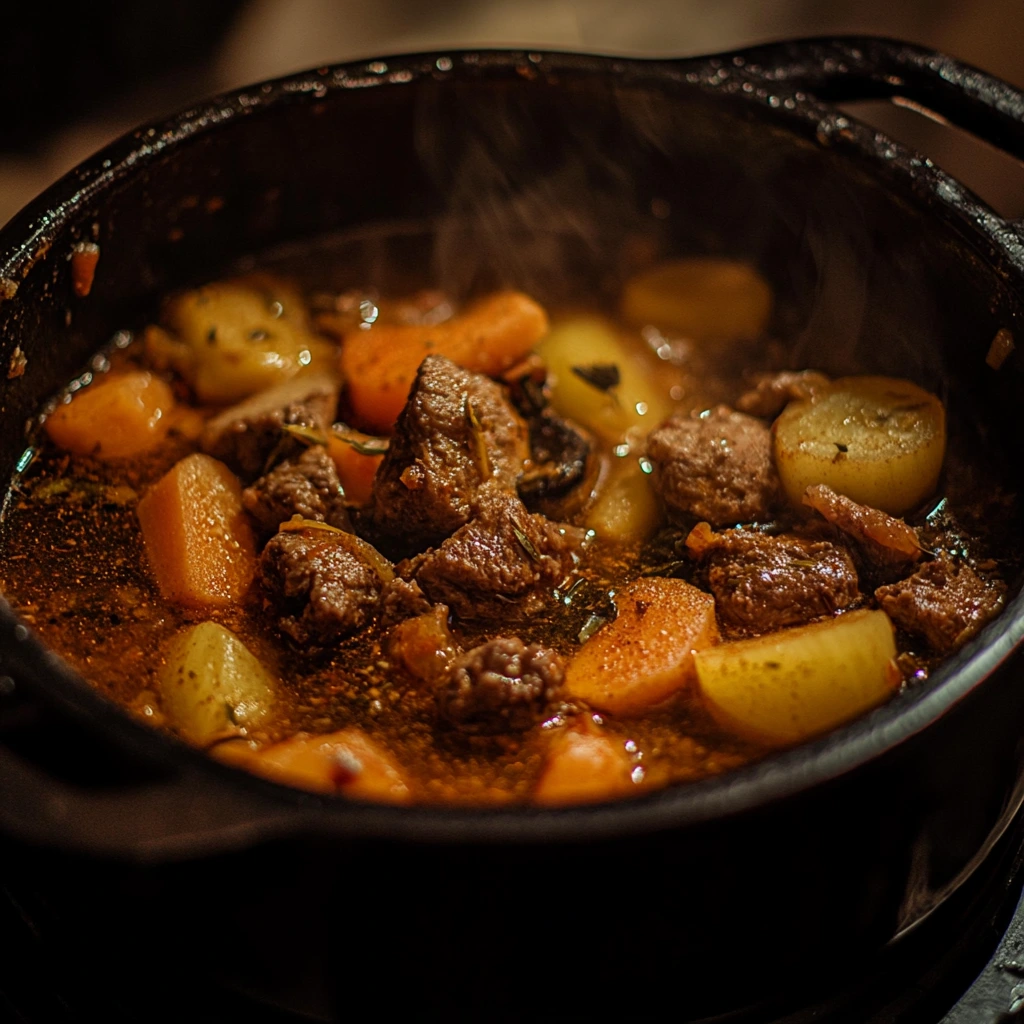 A rustic bowl of homemade beef stew seasoning blend with rich spices like paprika, thyme, and pepper, ready to flavor a hearty stew.