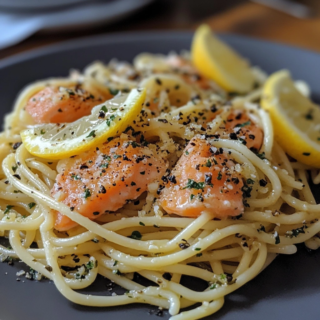 A plate of spaghetti topped with seared salmon pieces and drizzled with a glossy lemon garlic sauce, garnished with fresh parsley and lemon zest.