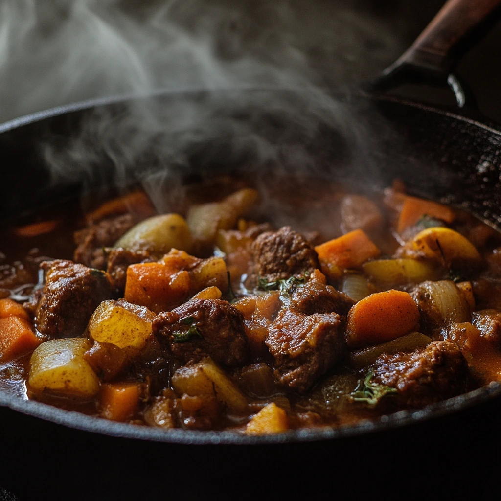 A rustic wooden spoon filled with homemade beef stew seasoning blend, surrounded by scattered herbs and spices like paprika, thyme, and pepper.