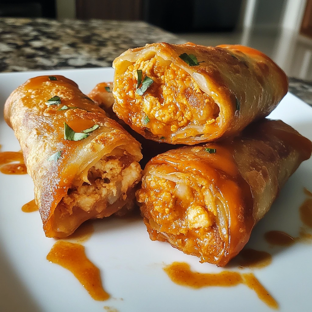 Crispy golden Buffalo Chicken Egg Rolls stacked on a plate, with creamy ranch dressing and fresh celery sticks on the side.
