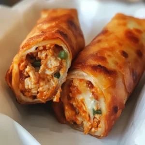 Golden brown Buffalo Chicken Egg Rolls stacked on a white plate, oozing spicy chicken filling, with a side of ranch dressing and celery sticks.