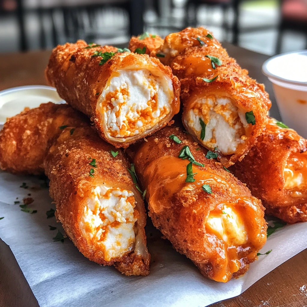 Close-up of crunchy Buffalo Chicken Egg Rolls broken in half, showing the spicy chicken filling, with a drizzle of ranch dressing and a side of hot sauce.