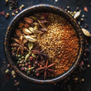 Close-up of a small glass jar filled with vibrant beef stew seasoning, featuring colorful layers of paprika, garlic powder, onion powder, and herbs.