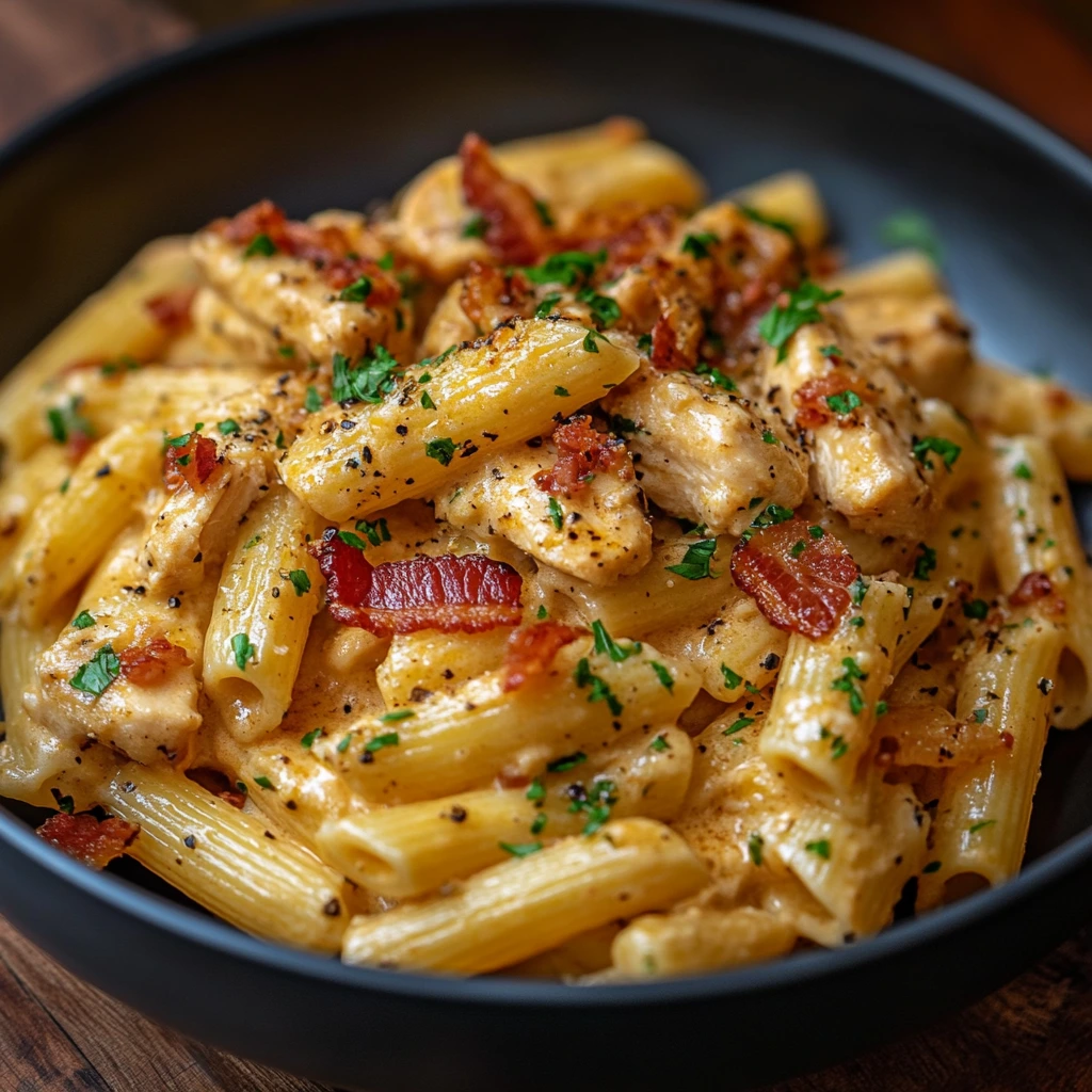 Creamy chicken pasta topped with crispy bacon pieces, garnished with parsley and served in a white bowl.