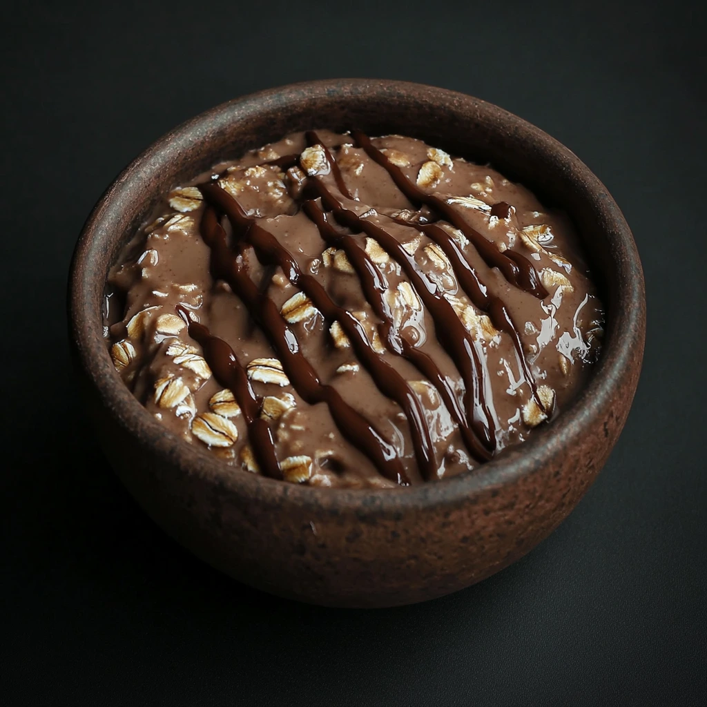 A cozy bowl of creamy chocolate oatmeal topped with banana slices, chocolate chips, and a sprinkle of oats, served on a rustic wooden table.
