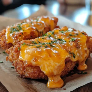 Golden-brown Crispy Cheddar Chicken pieces on a plate, garnished with herbs and served with creamy dipping sauce.