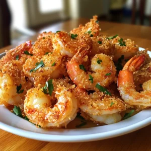 Golden-brown shrimp arranged on a white plate, topped with fresh parsley and served with a side of dipping sauce.