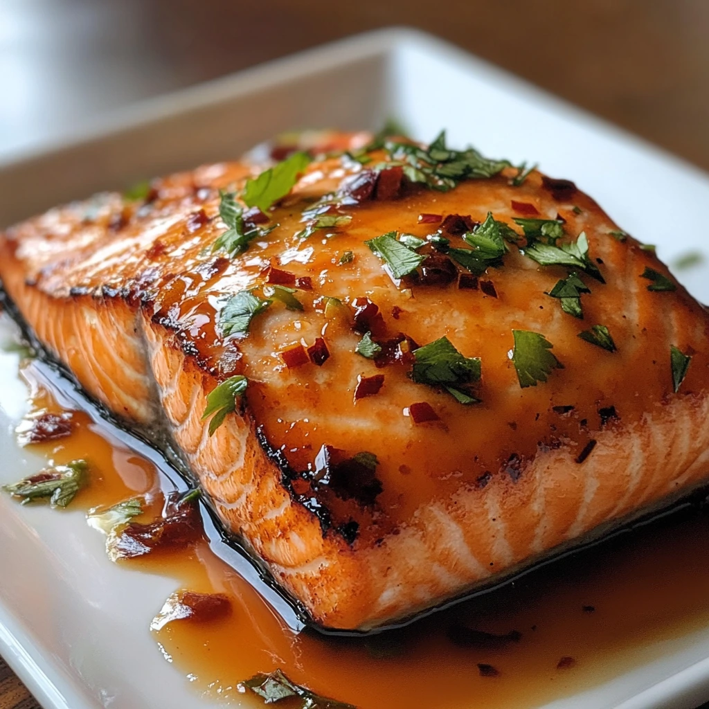 A perfectly glazed Honey Sriracha Salmon fillet on a white plate, garnished with sesame seeds and fresh green onions.