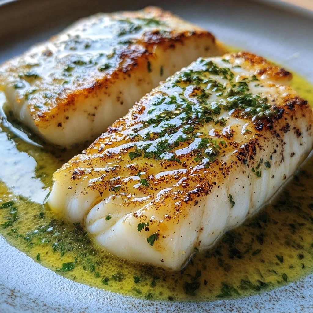 Golden-brown pan-seared cod served with a drizzle of herby lemon butter sauce and garnished with fresh herbs and lemon wedges.