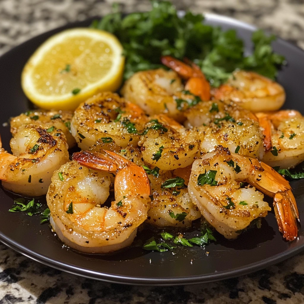 Close-up of pan-seared shrimp with golden edges, served on a bed of arugula and garnished with chili flakes and lemon zest.