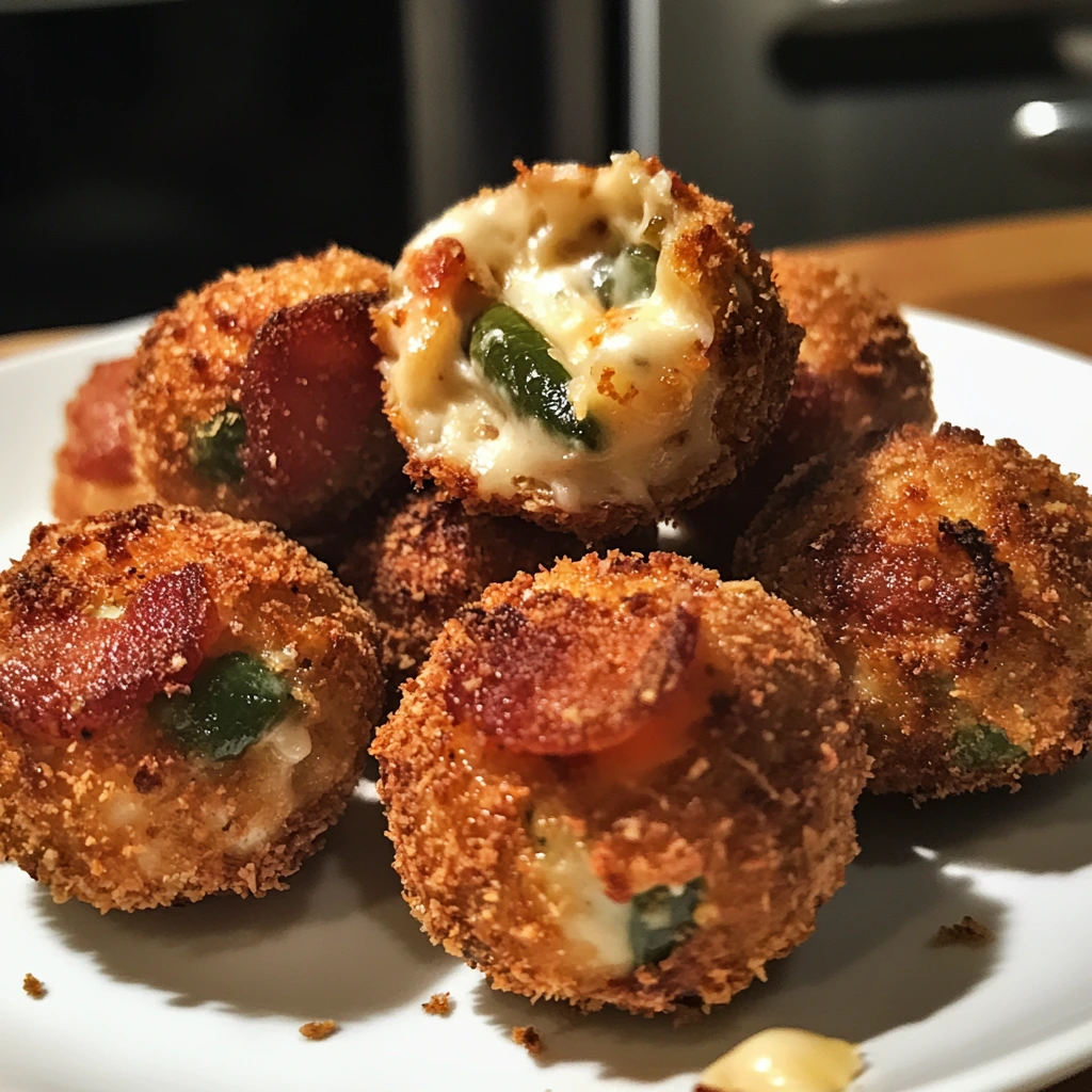 A plate filled with crispy, golden Bacon Jalapeño Popper Cheese Balls, sprinkled with fresh herbs and ready to serve.