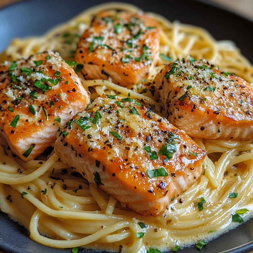 A plate of spaghetti topped with flaky salmon and garnished with fresh parsley, served with lemon wedges and a drizzle of garlic butter sauce.