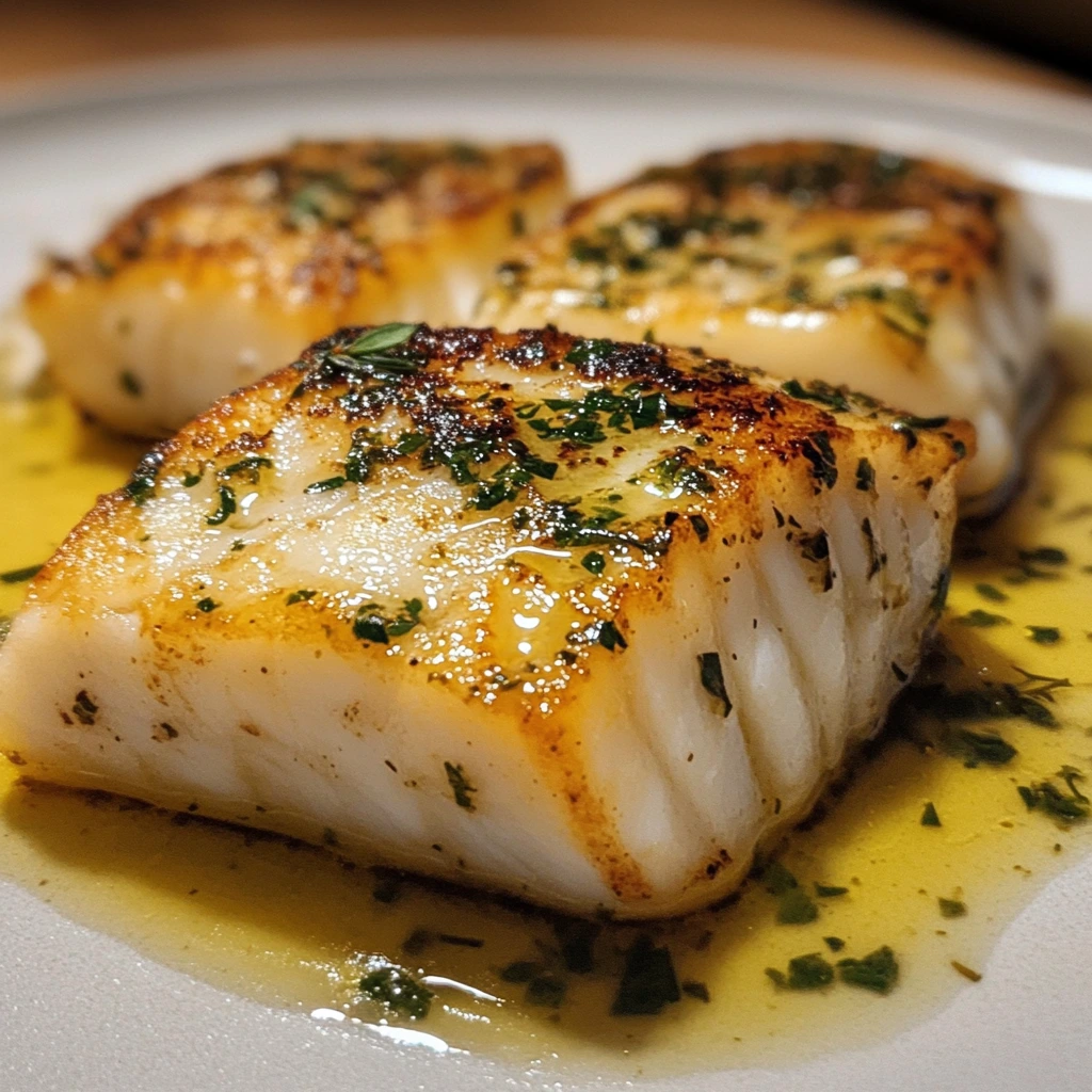Golden-brown pan-seared cod fillets drizzled with a fresh herby lemon butter sauce, garnished with parsley and served with lemon wedges.