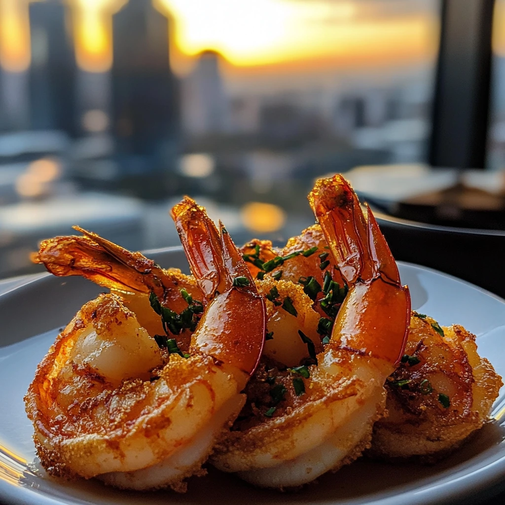Golden, crispy shrimp seared in a pan, served with lemon wedges and sprinkled with fresh herbs on a white plate.