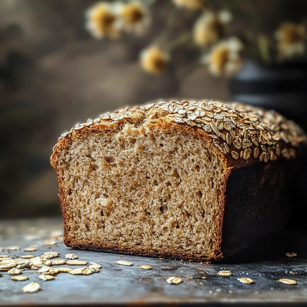 A freshly baked loaf of Seeded Oat Bread sprinkled with oats and seeds, sliced and ready to serve on a wooden cutting board.